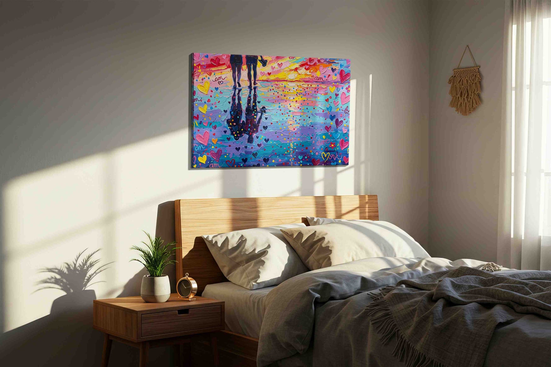 Sunset Reflections of Love romance canvas print, displayed in a bedroom