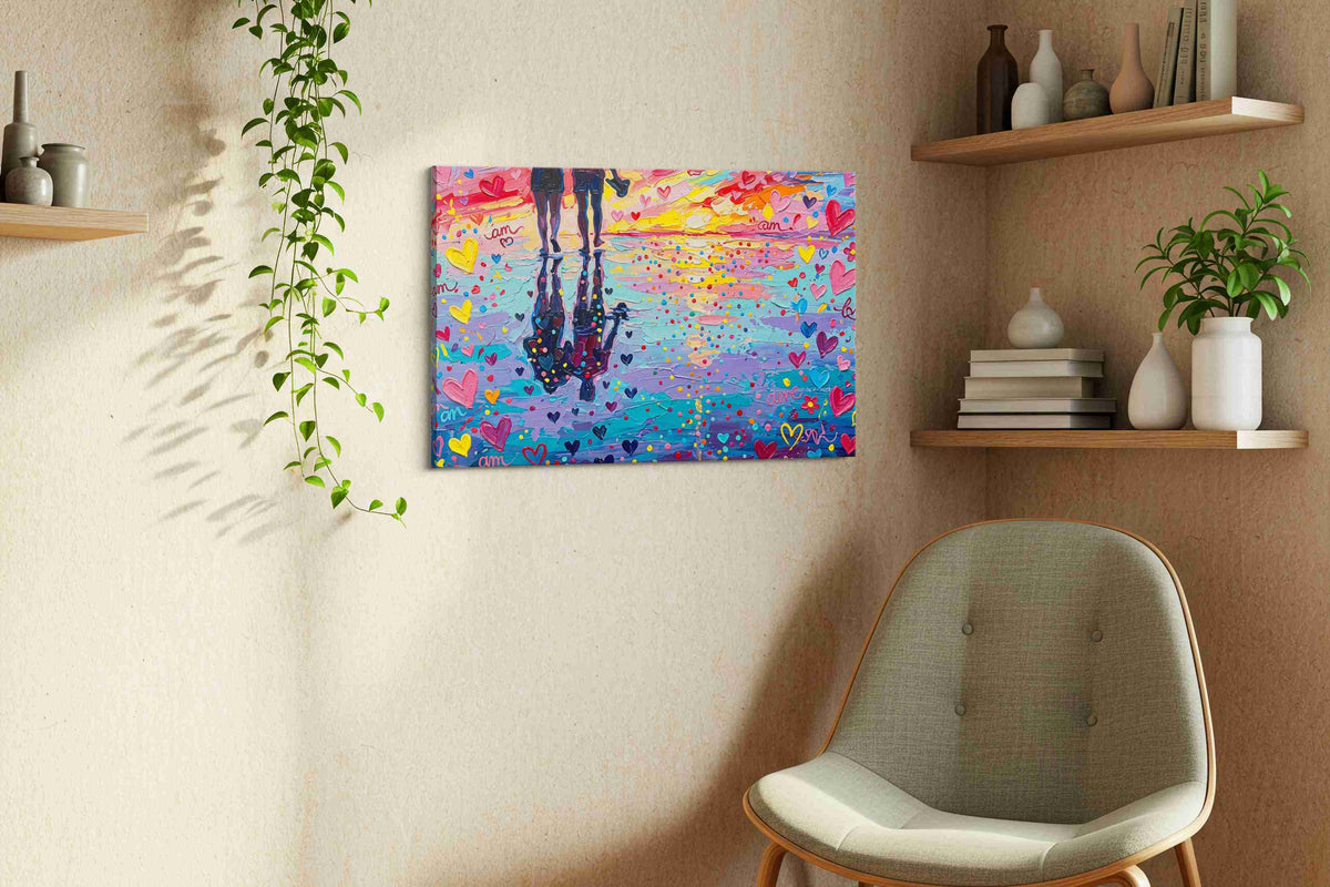 Sunset Reflections of Love romance canvas print styled in a living room