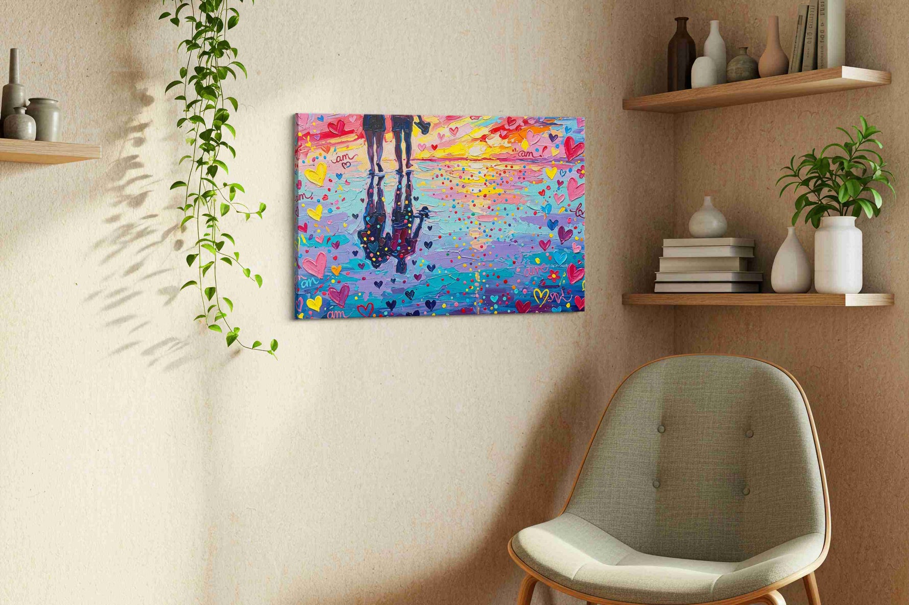 Sunset Reflections of Love romance canvas print styled in a living room