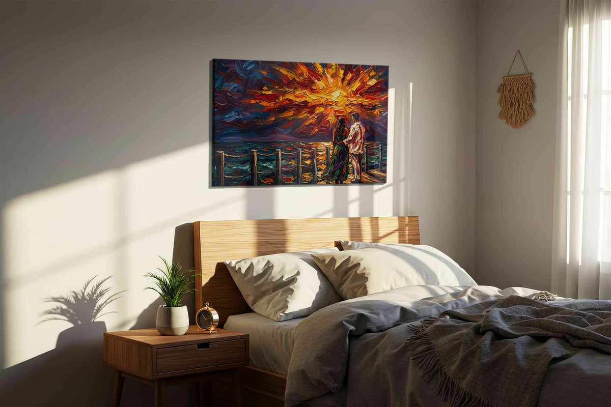Sunset Serenade in Oils romance canvas print, displayed in a bedroom