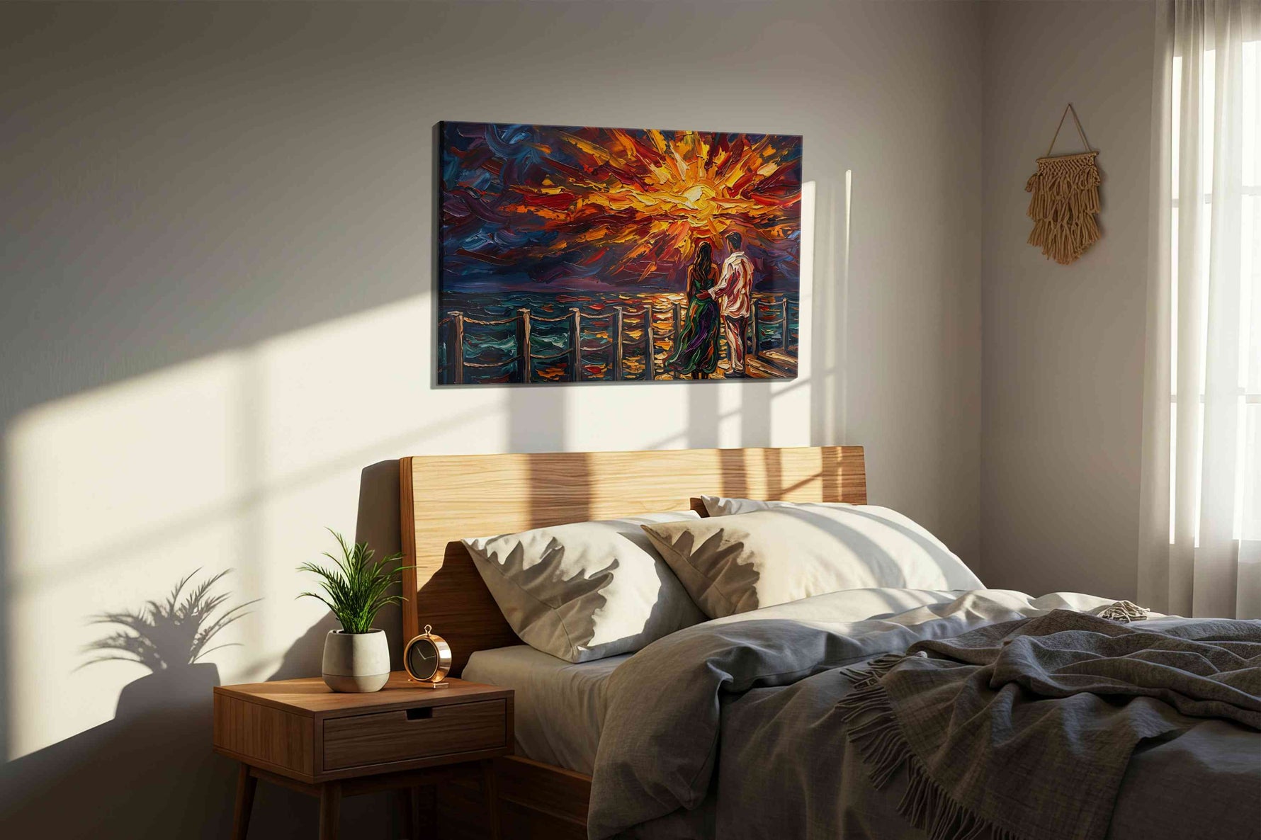 Sunset Serenade in Oils romance canvas print, displayed in a bedroom