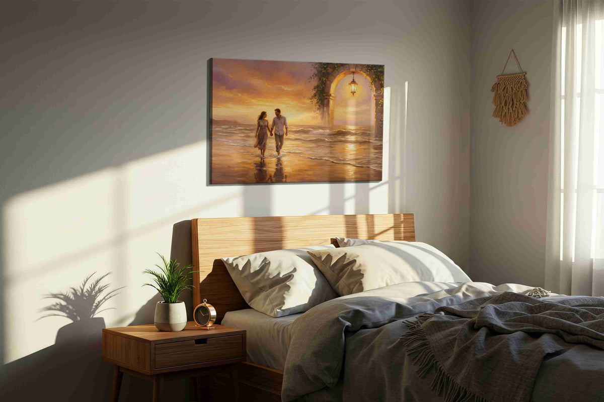 Sunset Stroll Through Memories romance canvas print, displayed in a bedroom
