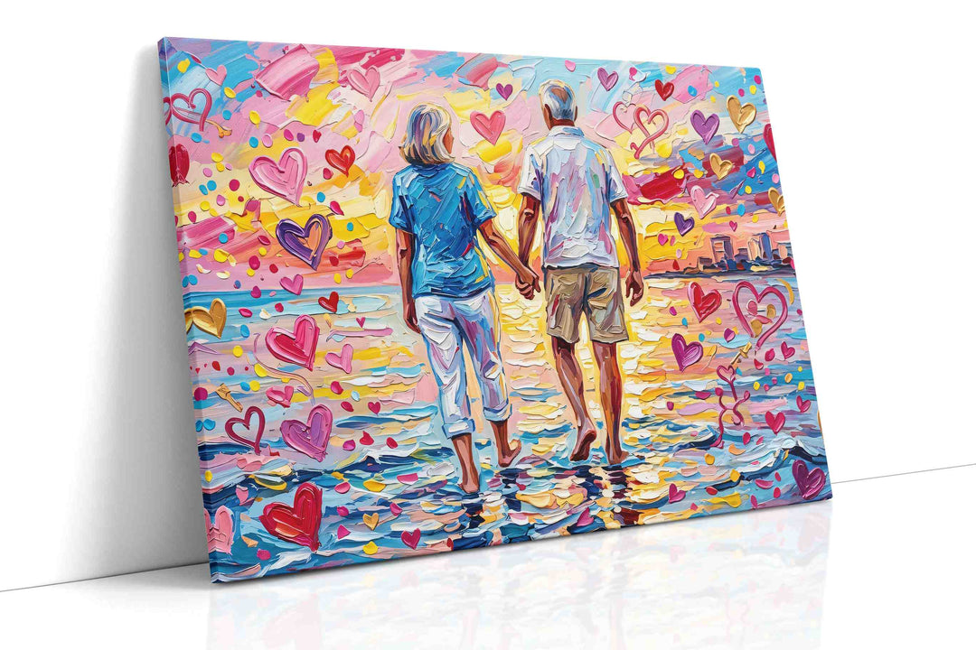 Sunset Stroll of Hearts – romance canvas wall art, gallery-wrapped, ready to hang