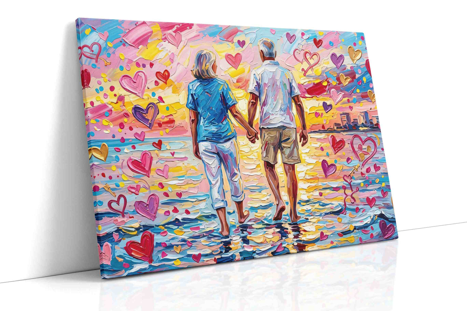 Sunset Stroll of Hearts – romance canvas wall art, gallery-wrapped, ready to hang