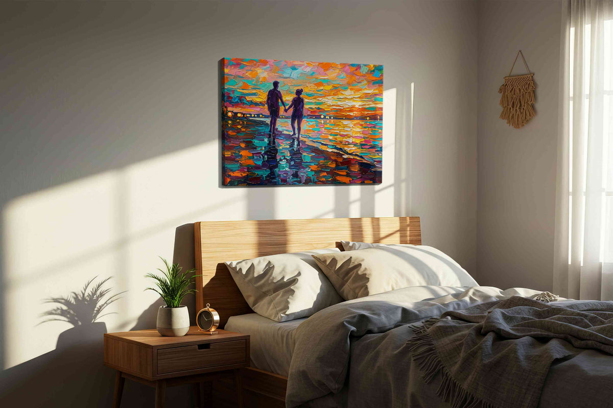 Sunset Stroll of Vibrant Hues romance canvas print, displayed in a bedroom