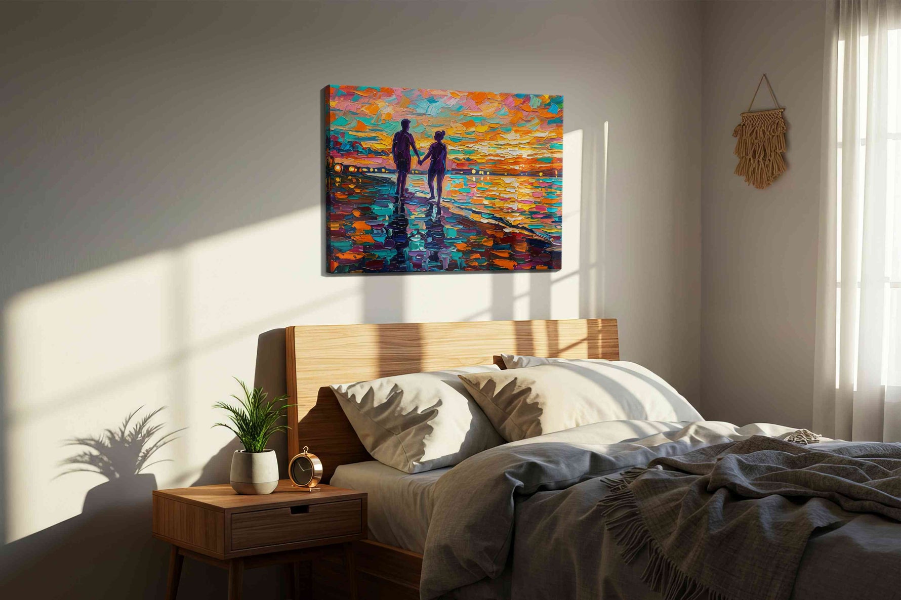 Sunset Stroll of Vibrant Hues romance canvas print, displayed in a bedroom