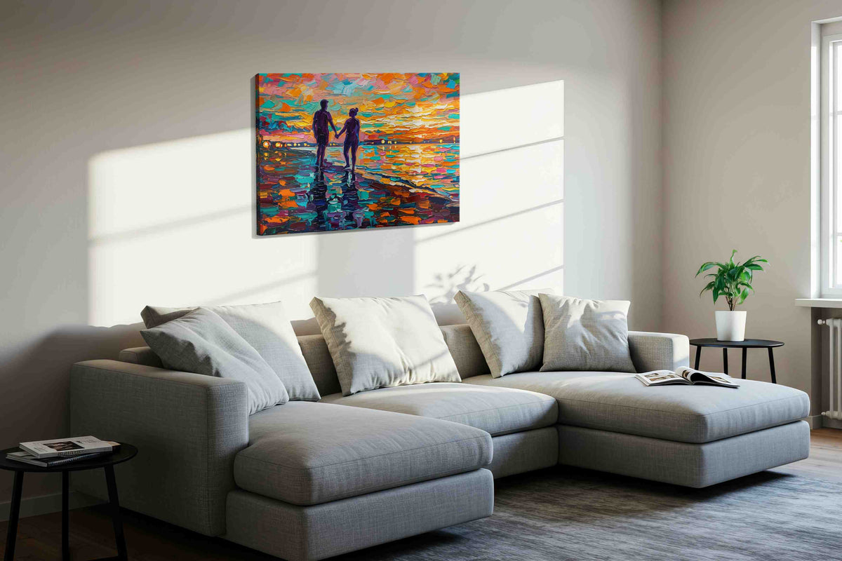Sunset Stroll of Vibrant Hues romance canvas print, displayed in a living room