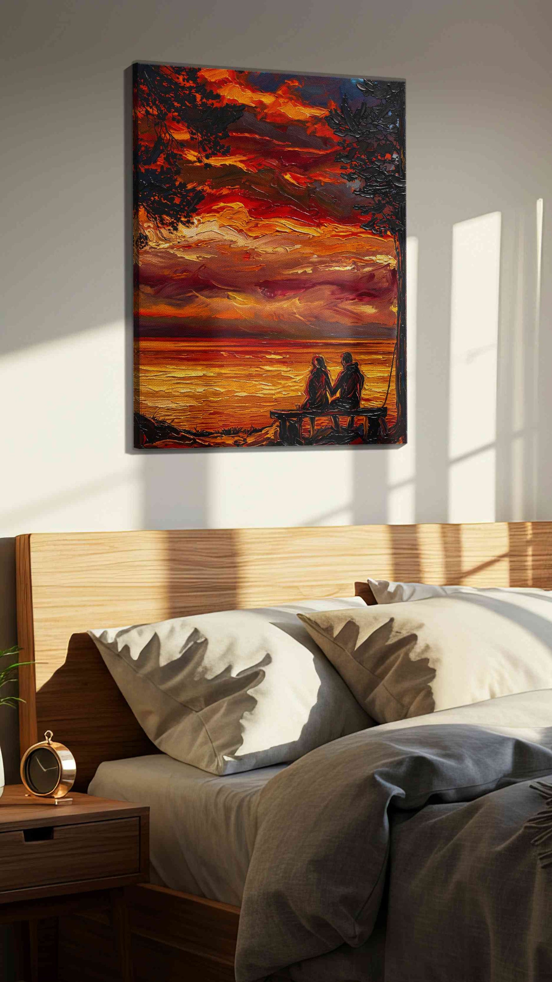 Sunset Whispers by the Shore romance canvas print, displayed in a bedroom