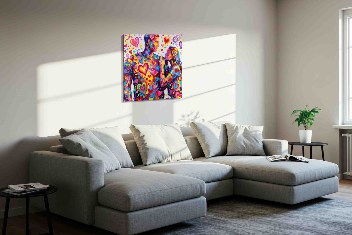 Vibrant Hearts Embrace romance canvas print in a living room scene