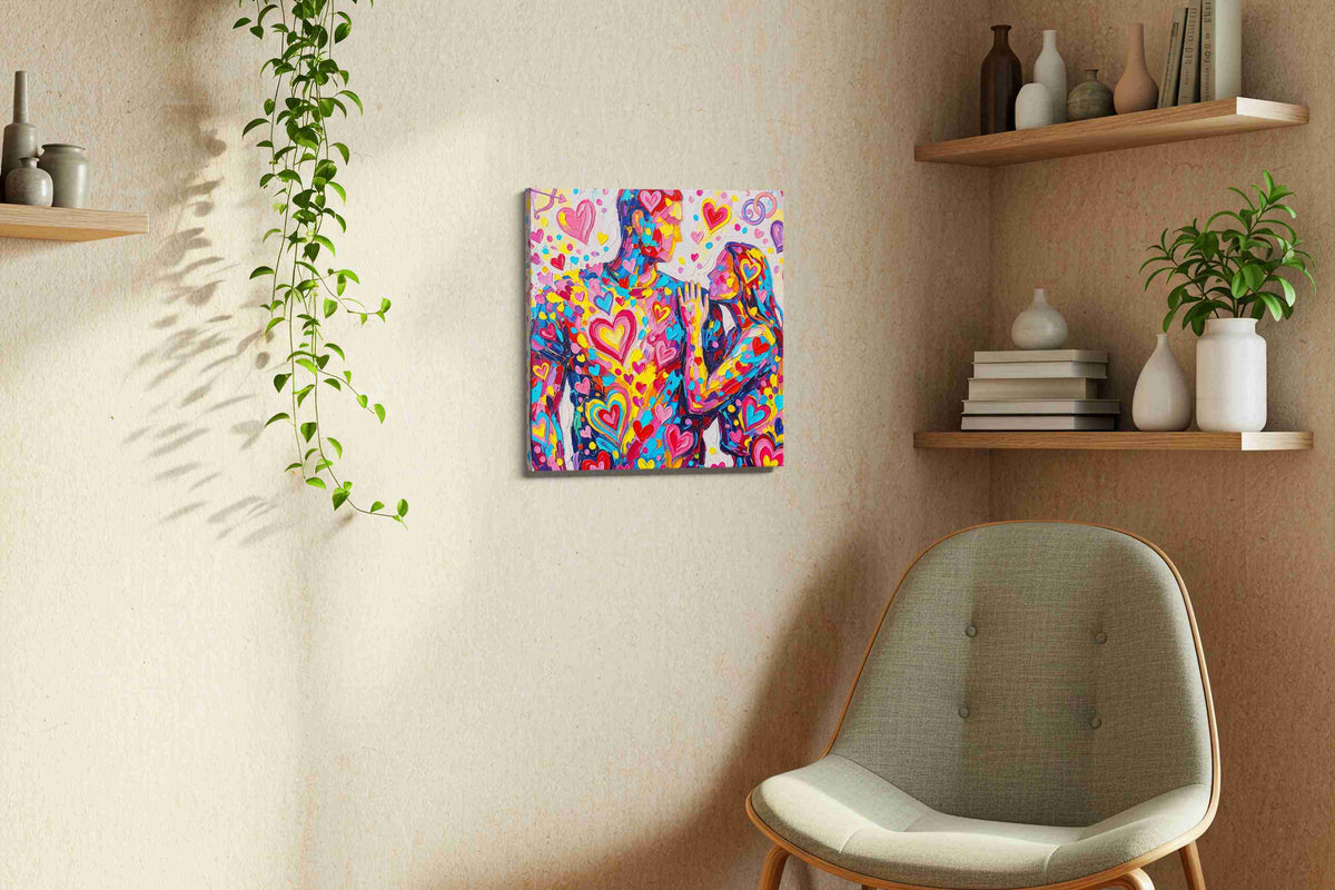 Vibrant Hearts Embrace romance canvas print, displayed in a living room