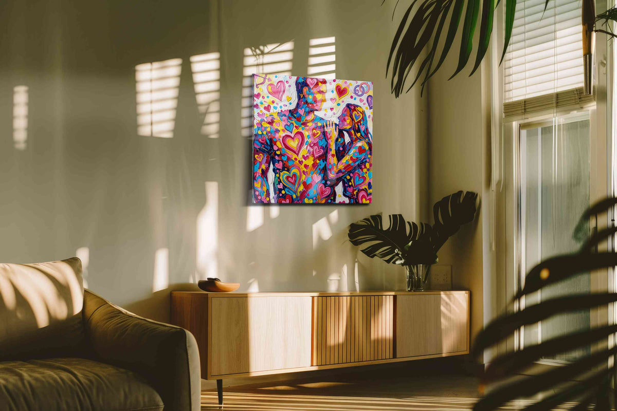 Vibrant Hearts Embrace romance canvas print in a contemporary interior mockup