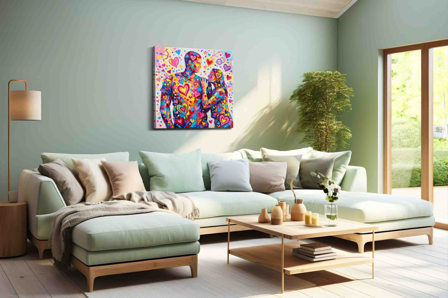 Vibrant Hearts Embrace – romance canvas wall art, gallery-wrapped, ready to hang