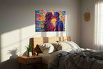 Vibrant Twilight Embrace romance canvas print, displayed in a bedroom