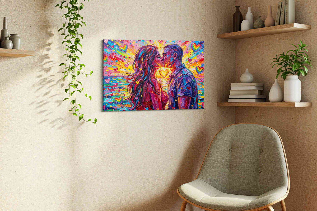 Vibrant Twilight Embrace romance canvas print, displayed in a living room