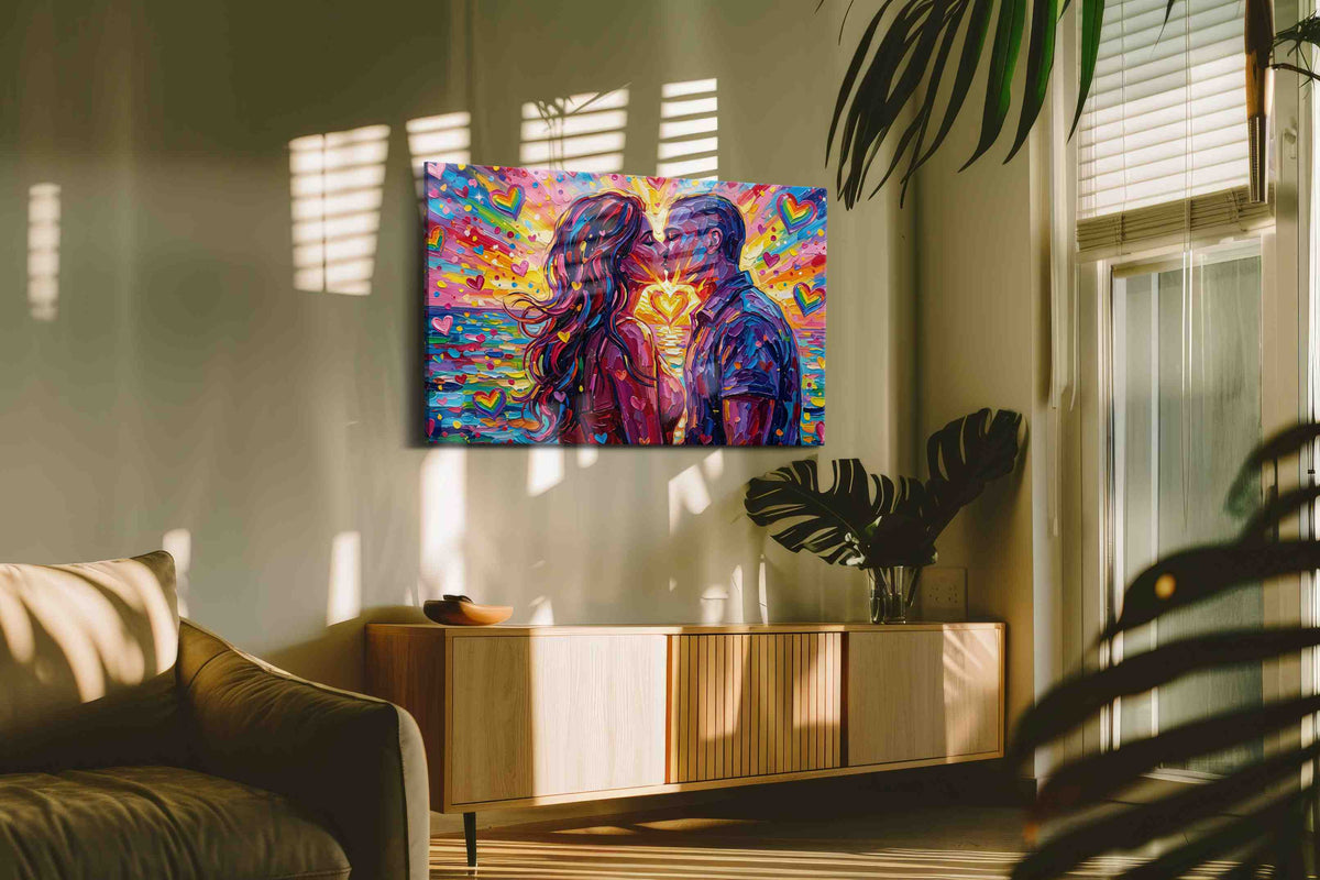 Vibrant Twilight Embrace romance canvas print, on wall, lifestyle preview