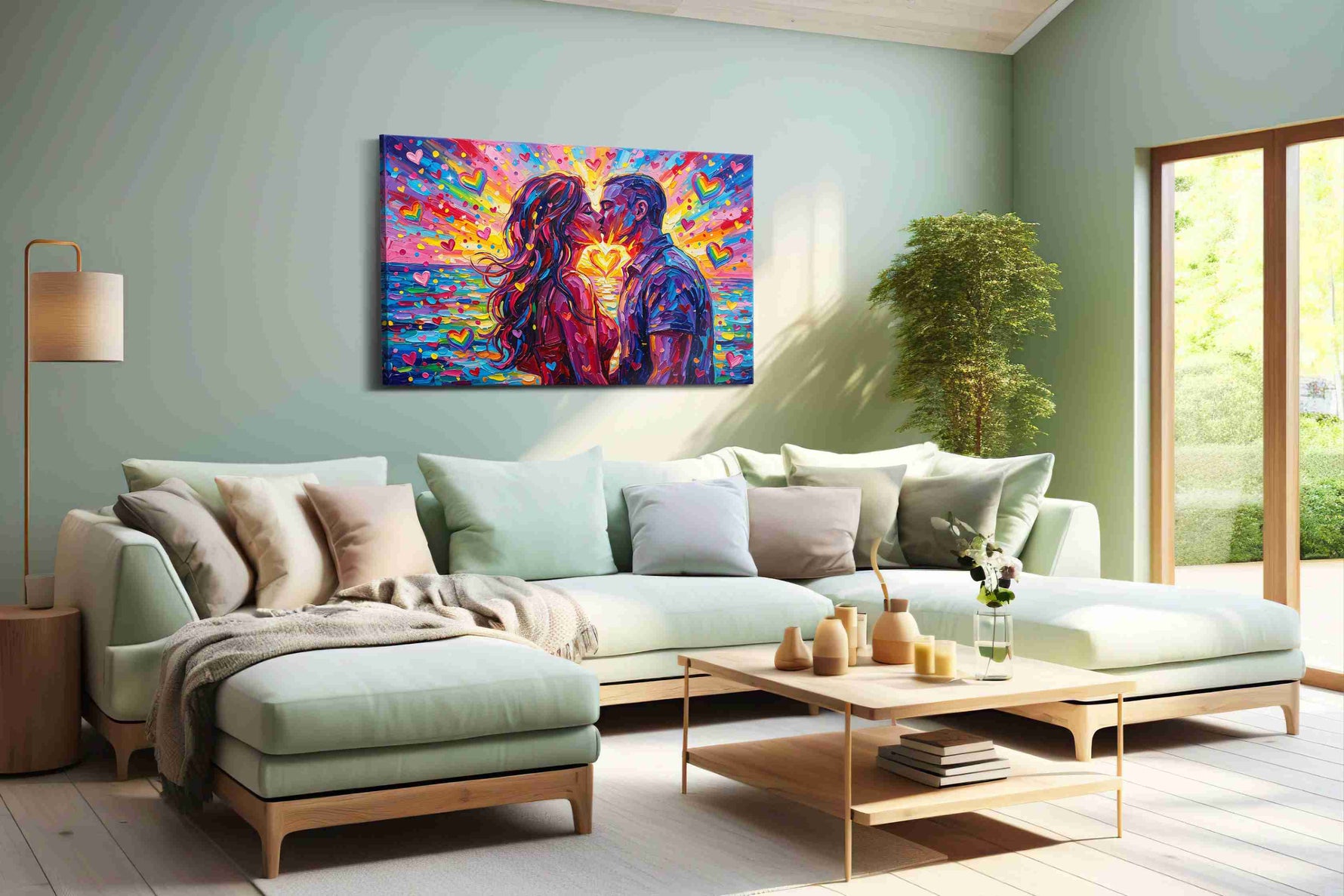 Vibrant Twilight Embrace romance canvas print, hanging on wall