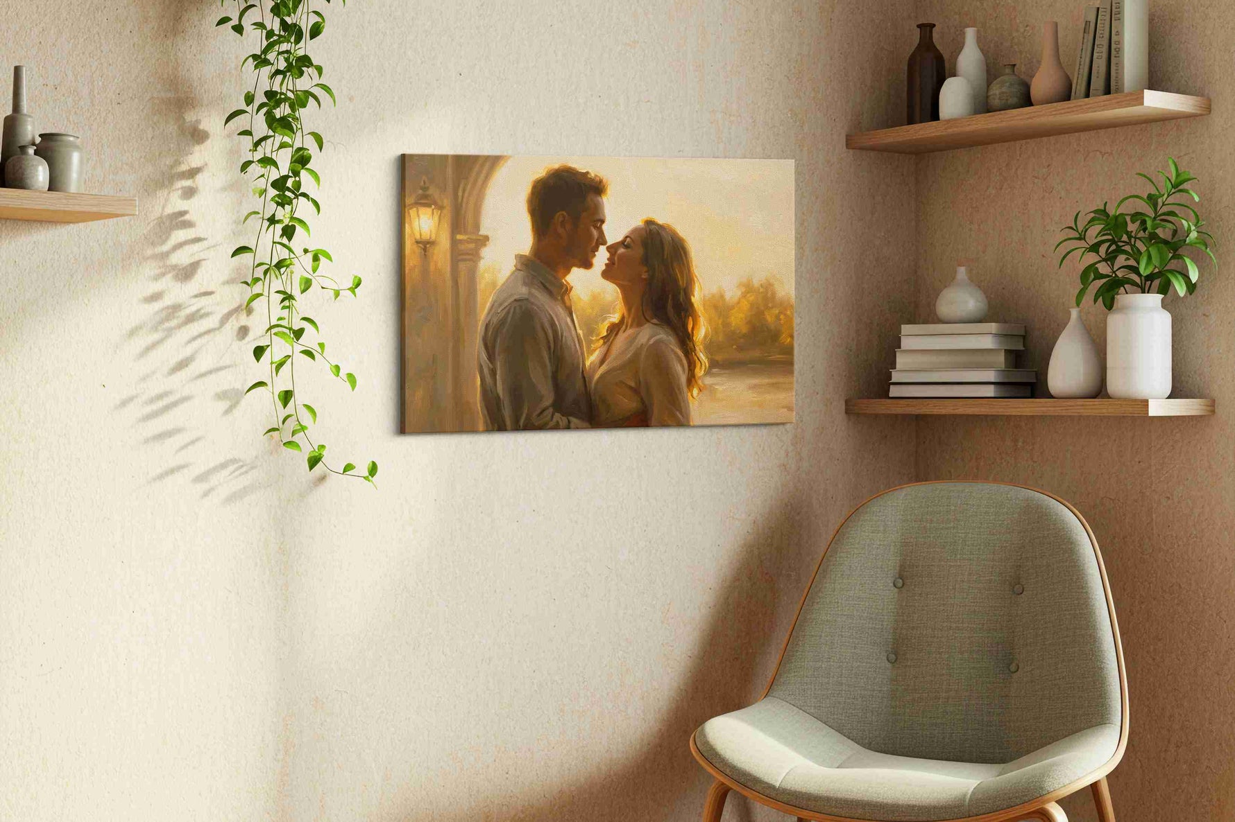 Whispers at Dusk II romance canvas print, displayed in a living room