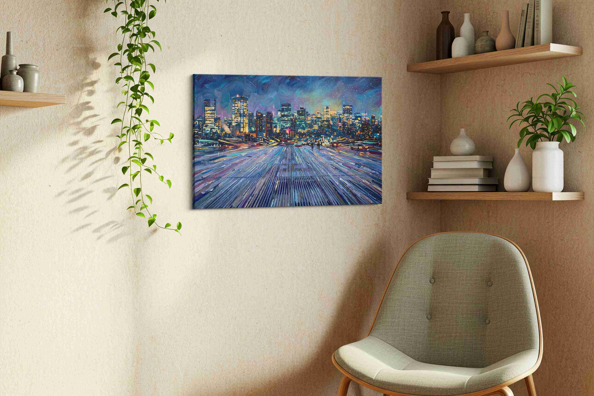 Celestial Cityscape Symphony urban canvas print, hanging on wall — view 3
