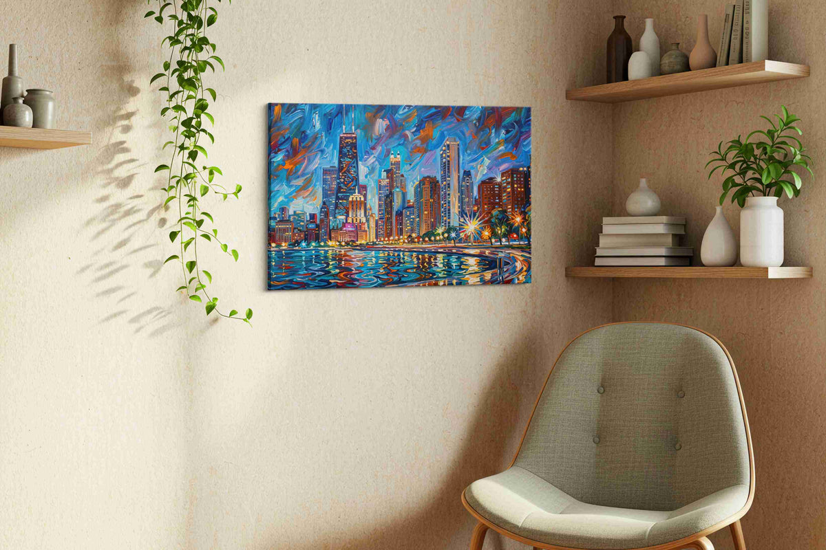 City Dreams Aglow urban canvas print, displayed in a living room