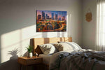 City Lights Symphony III urban canvas print, displayed in a bedroom