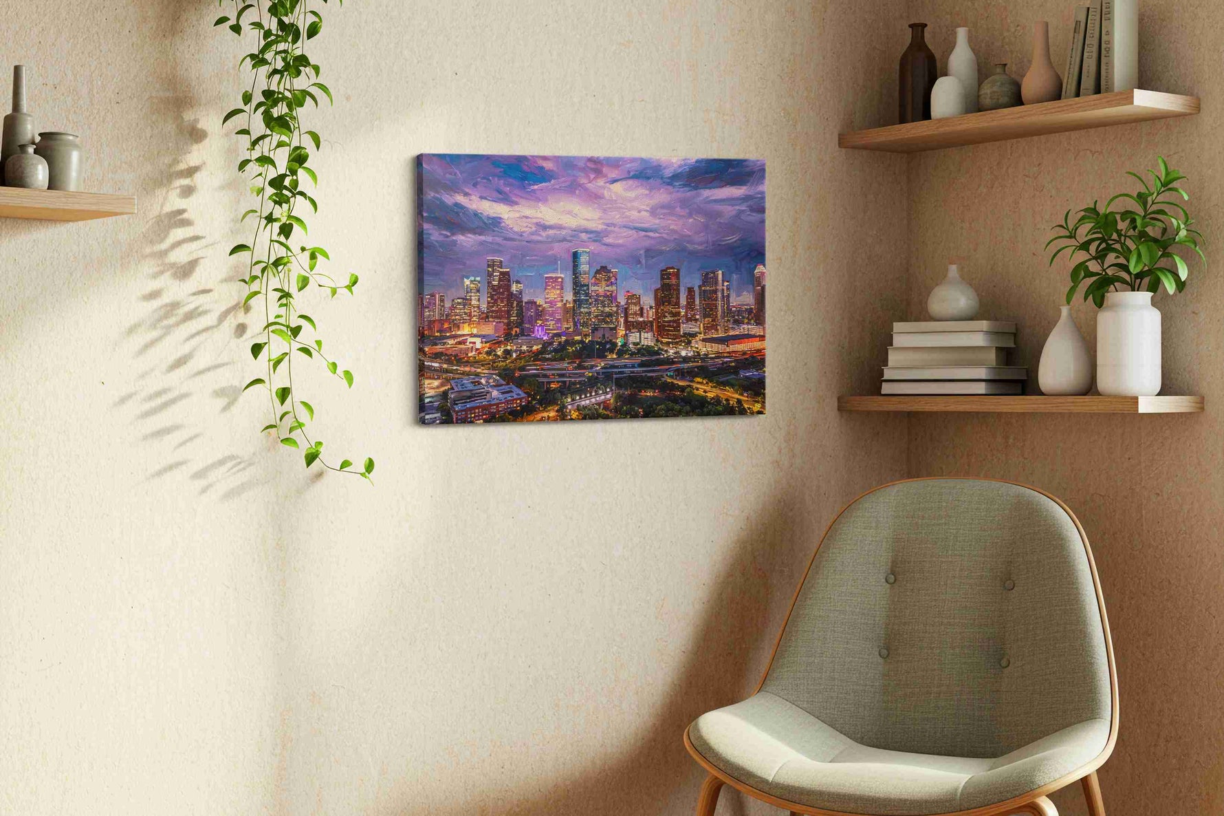 City Symphony at Twilight urban canvas print, displayed in a living room