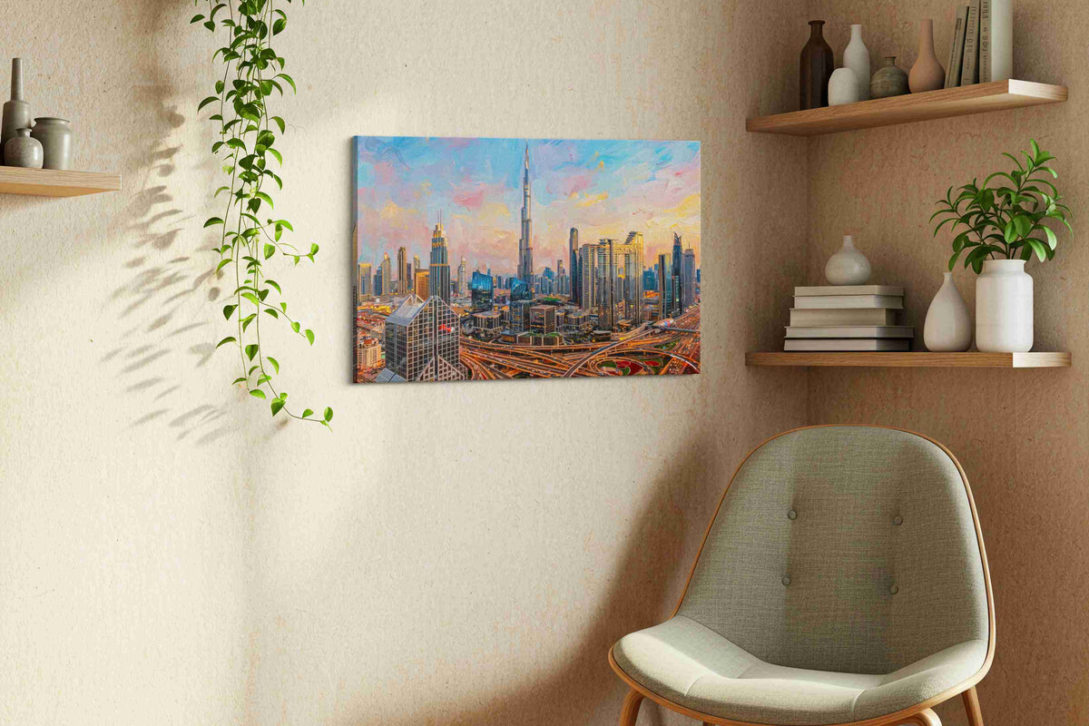 City of Future Visions urban canvas print, displayed in a living room