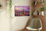 Dusk's Urban Glow urban canvas print, displayed in a living room