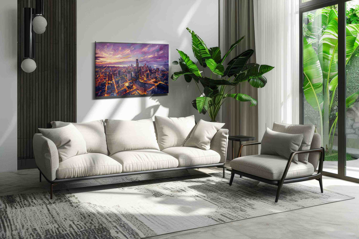 Dusk's Urban Glow urban canvas print in a modern interior mockup