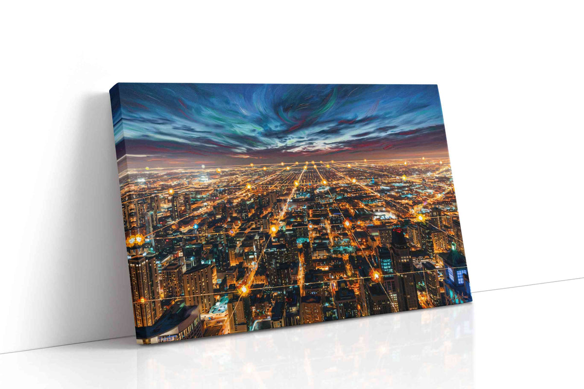 Electric City Dreams urban canvas print gallery-wrapped landscape canvas studio shot