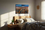 Electric City Dreams urban canvas print, displayed in a bedroom