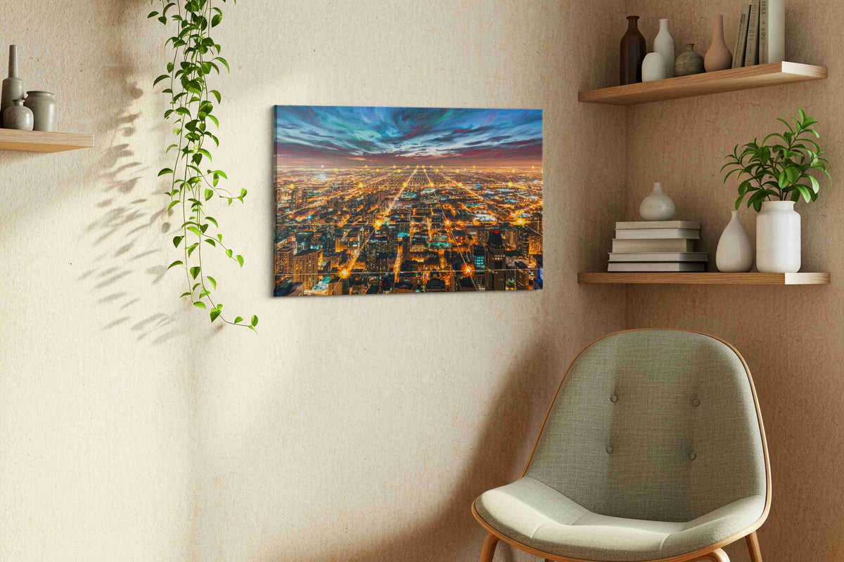 Electric City Dreams urban canvas print, displayed in a living room