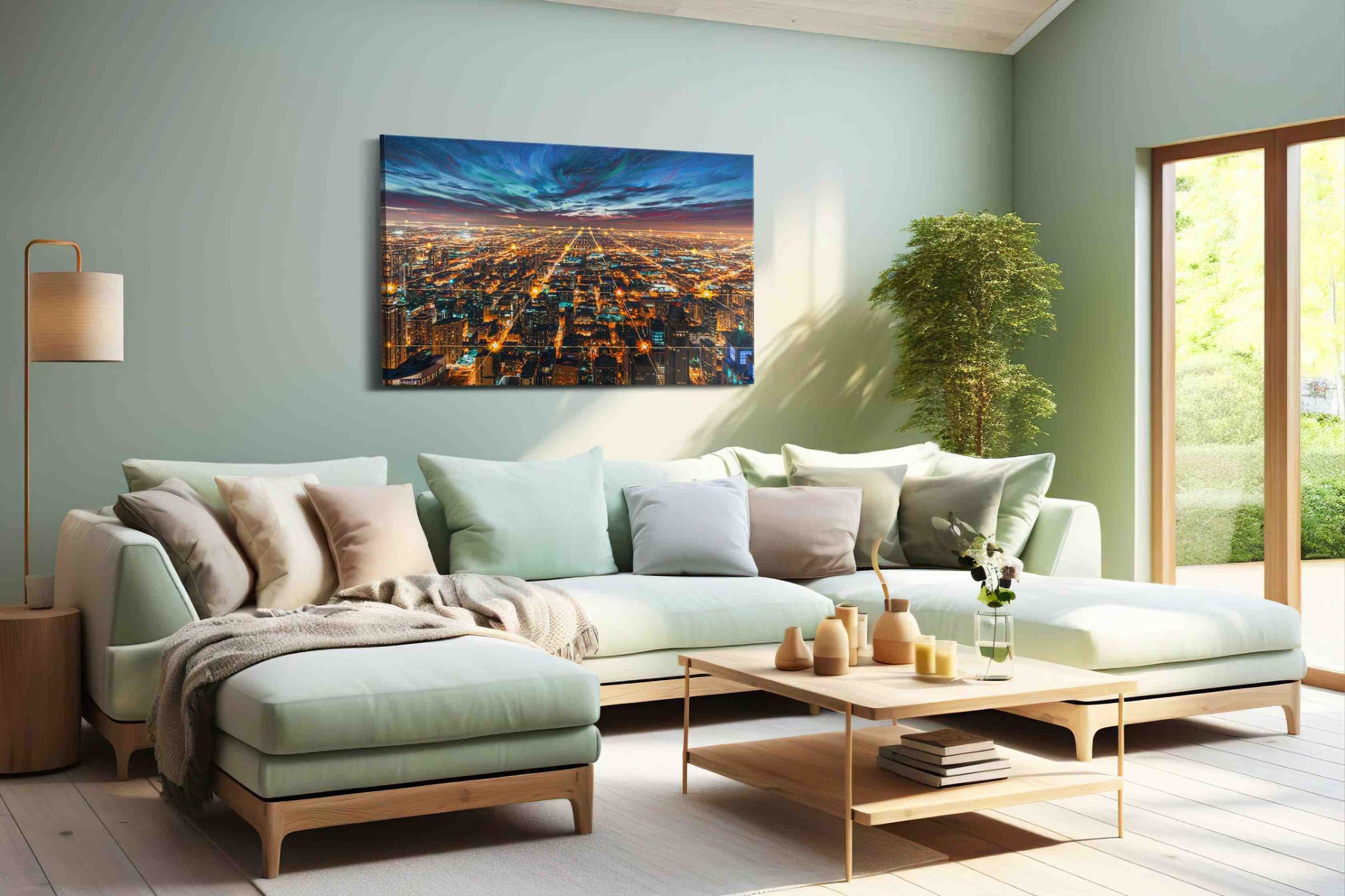 Electric City Dreams urban canvas print, hanging on wall