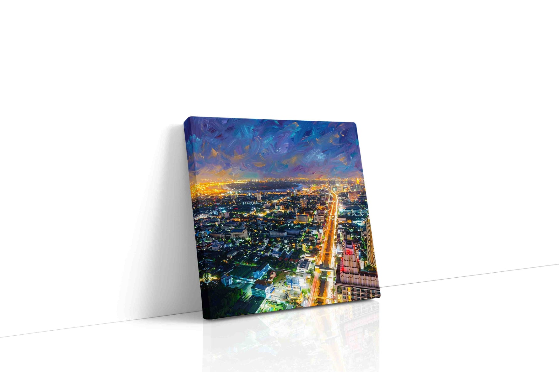 Electric Cityscape Nocturne urban canvas print gallery-wrapped square canvas studio shot