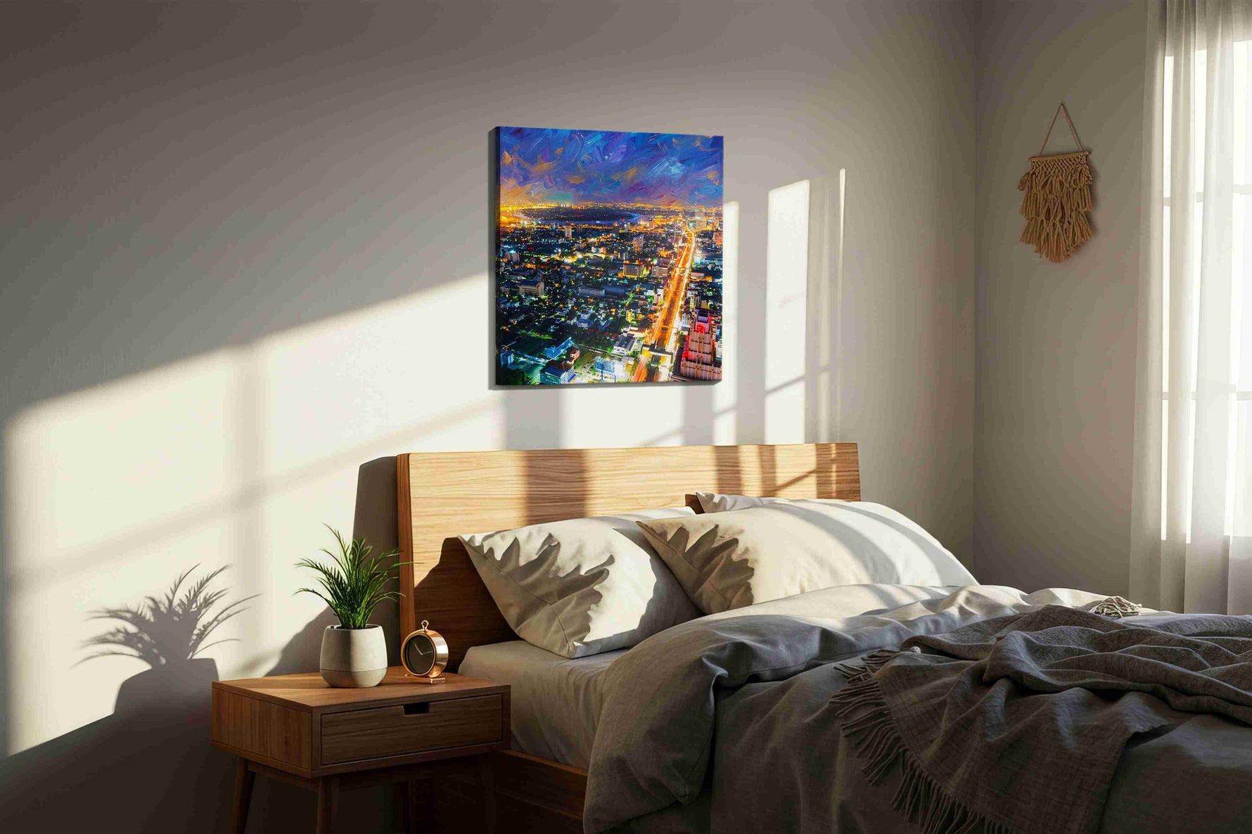 Electric Cityscape Nocturne urban canvas print, displayed in a bedroom