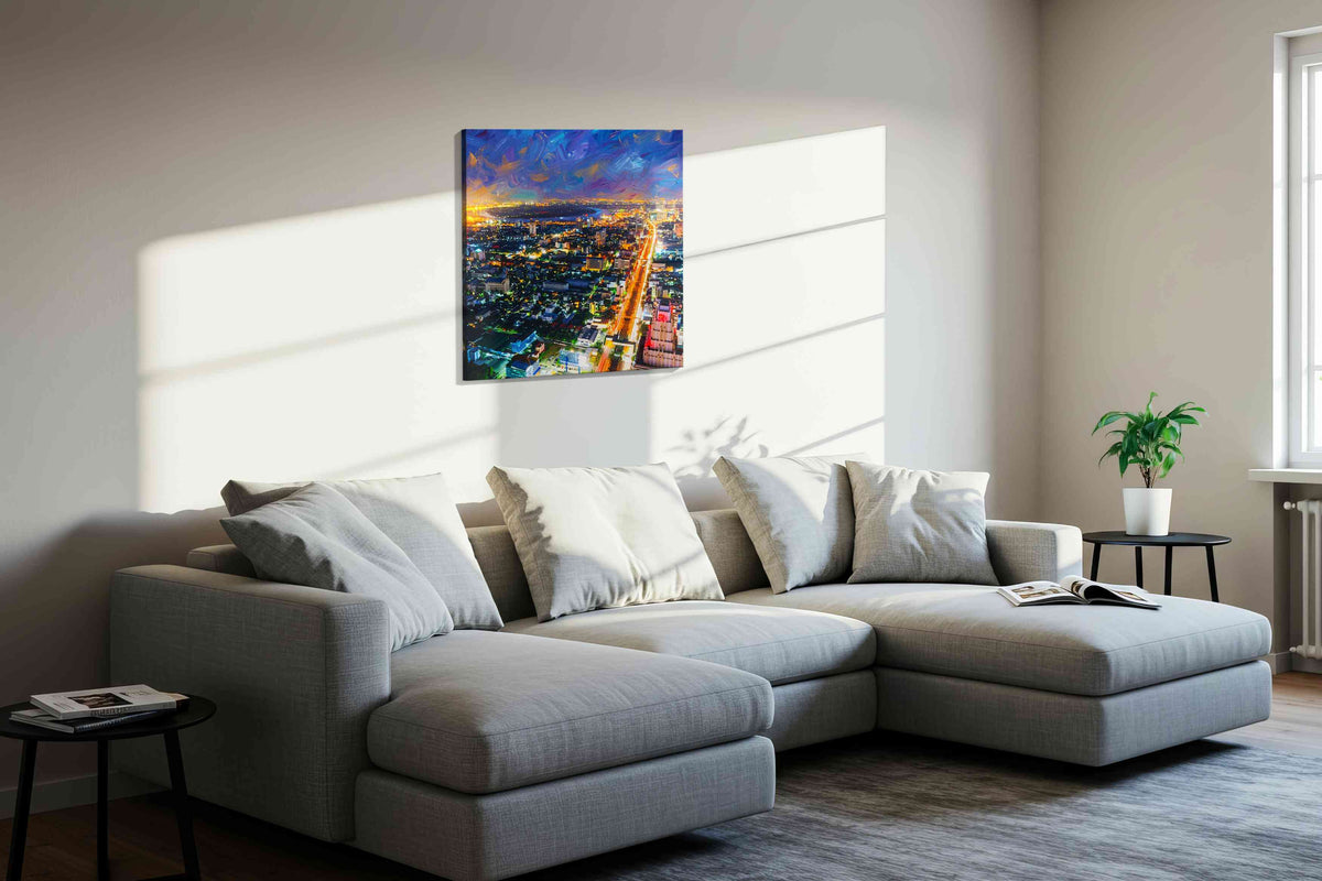 Electric Cityscape Nocturne urban canvas print, displayed in a living room