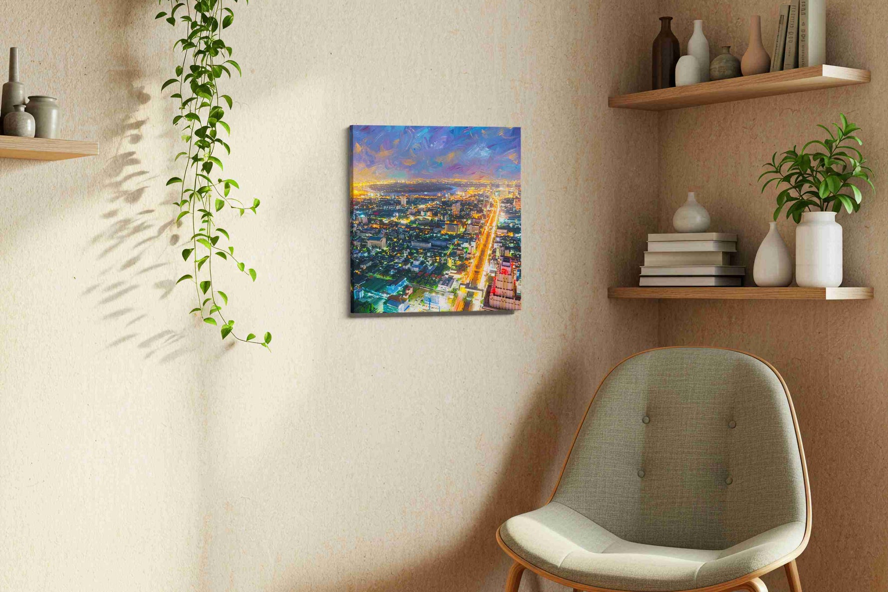 Electric Cityscape Nocturne urban canvas print, hanging on wall