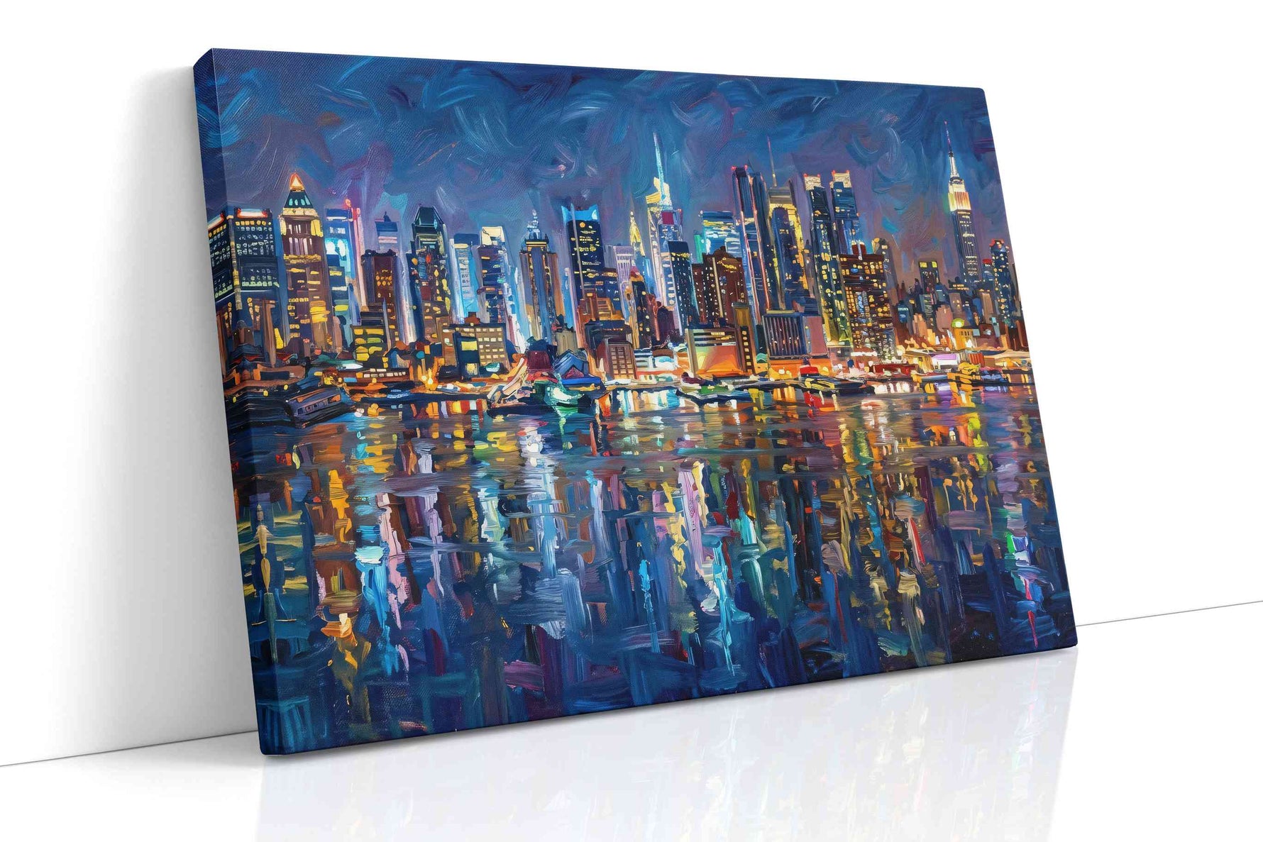 Electric Cityscape Reflections – urban canvas wall art, gallery-wrapped, ready to hang