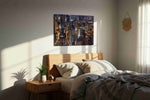 Electric Dreams of the Metropolis urban canvas print, displayed in a bedroom