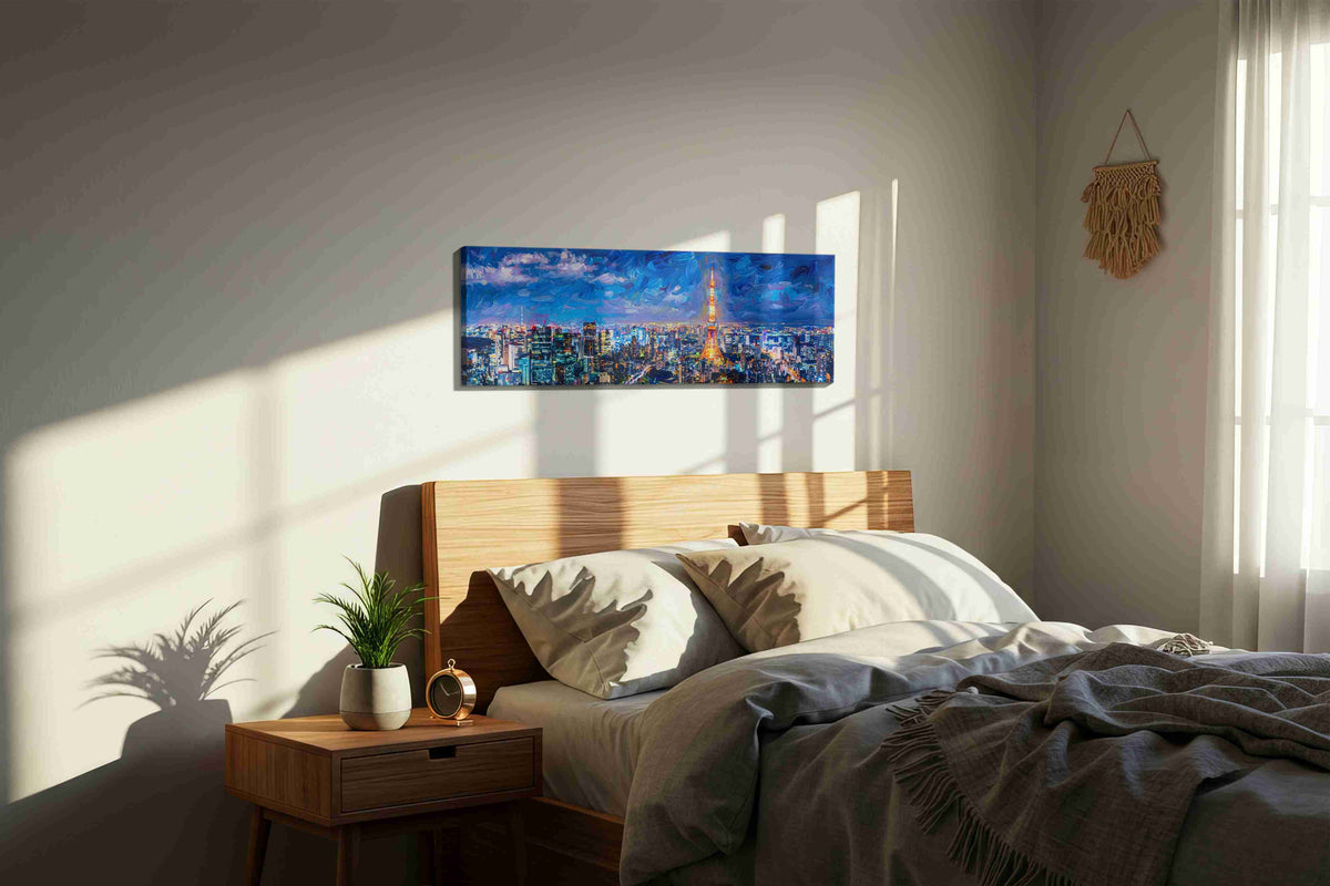Electric Dreamscape Skyline urban canvas print, displayed in a bedroom