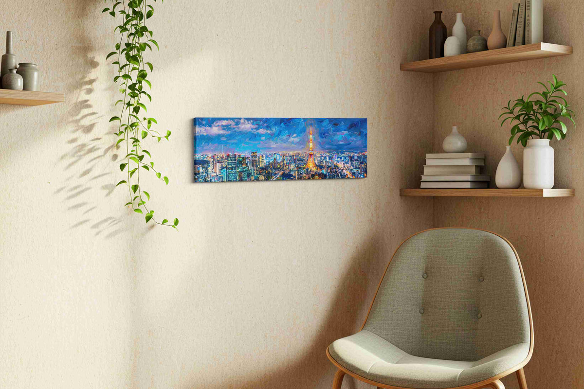 Electric Dreamscape Skyline urban canvas print, hanging on wall — view 2
