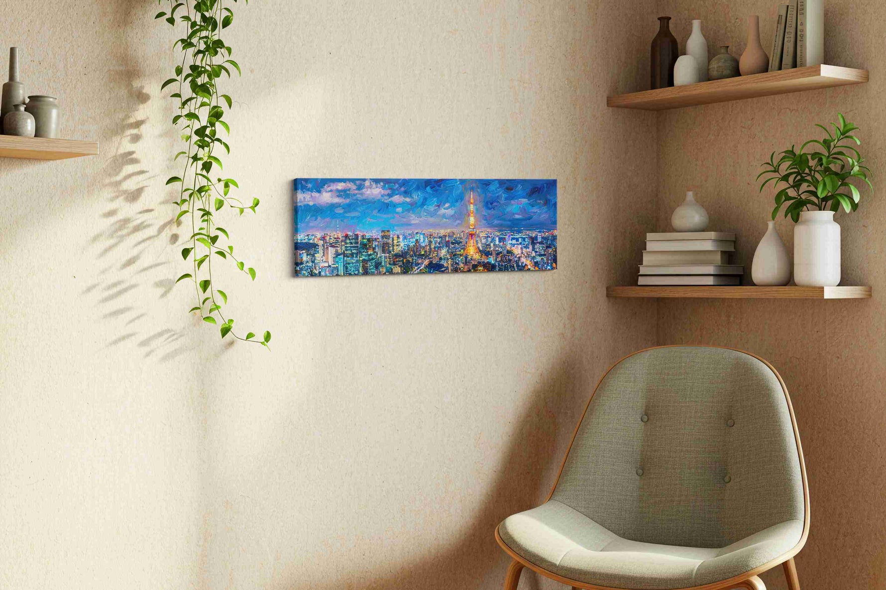 Electric Dreamscape Skyline urban canvas print, hanging on wall — view 2