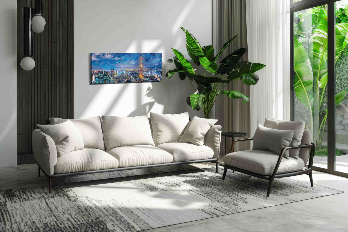 Electric Dreamscape Skyline urban canvas print, hanging on wall