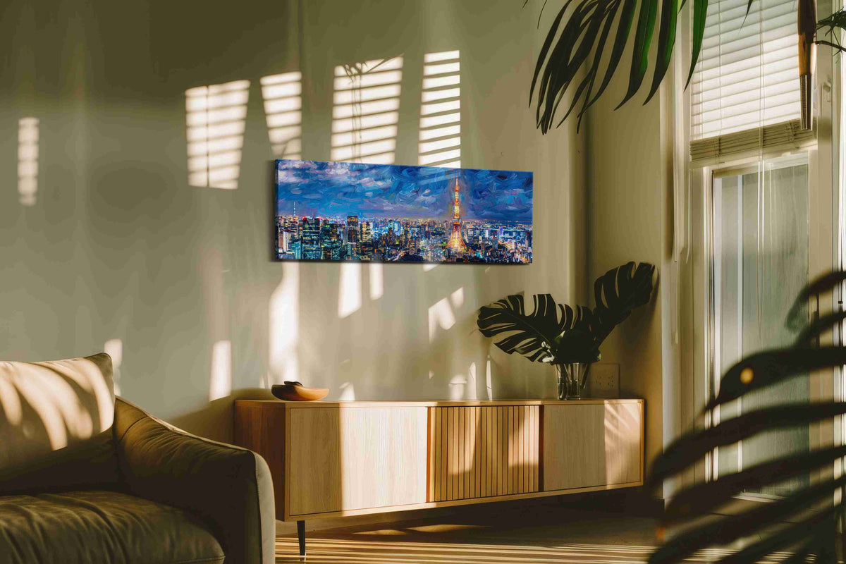 Electric Dreamscape Skyline urban canvas print in a hung canvas mockup