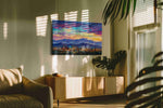 Electric Skies Over City Dreams urban canvas print styled in a living room