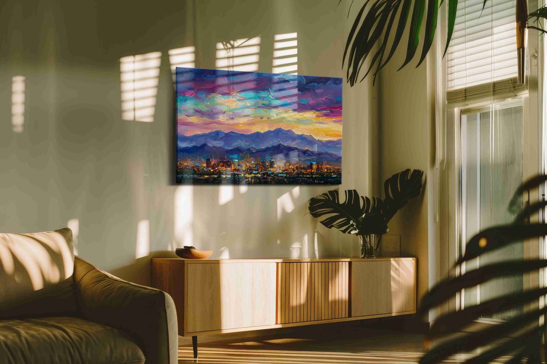 Electric Skies Over City Dreams urban canvas print styled in a living room