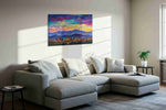 Electric Skies Over City Dreams urban canvas print, displayed in a living room