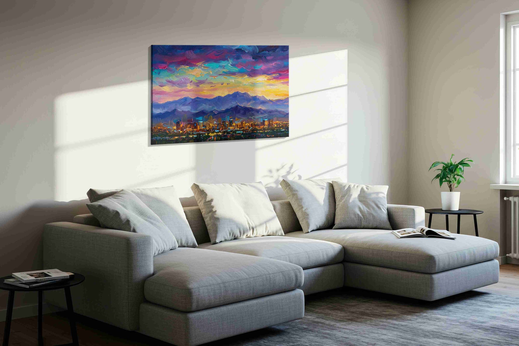 Electric Skies Over City Dreams urban canvas print, displayed in a living room