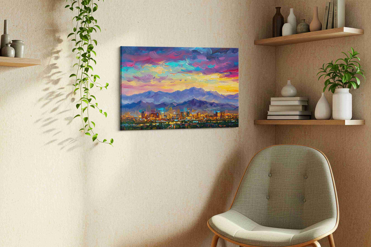 Electric Skies Over City Dreams urban canvas print, hanging on wall