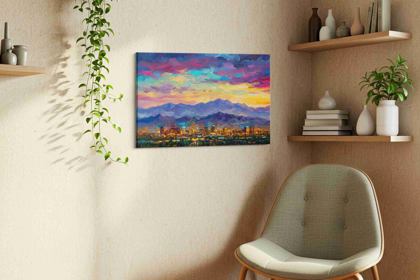 Electric Skies Over City Dreams urban canvas print, hanging on wall
