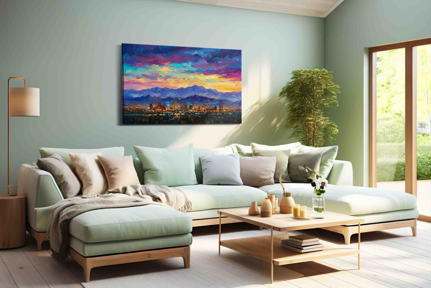 Electric Skies Over City Dreams urban canvas print shown in a wall scene